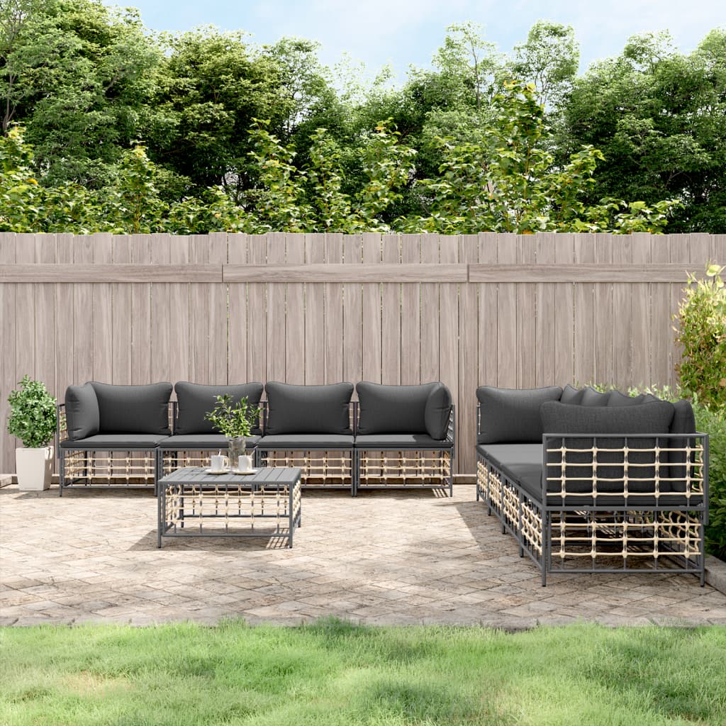 9-Delige Loungeset Met Kussens Poly Rattan Antracietkleurig 1 Donkergrijs 4x hoek + 4x midden + Tafel