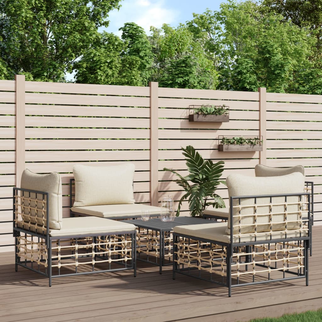 5-Delige Loungeset Met Kussens Poly Rattan Antracietkleurig Beige