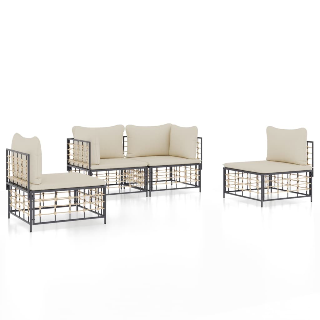 4-Delige Loungeset Met Kussens Poly Rattan Antracietkleurig 1 Beige 2x hoek + 2x midden