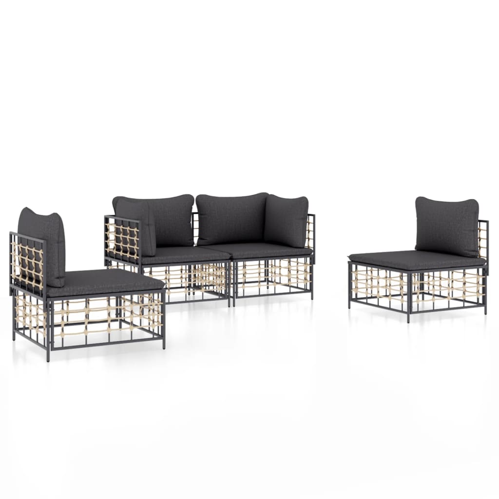 4-Delige Loungeset Met Kussens Poly Rattan Antracietkleurig 1 Donkergrijs 2x hoek + 2x midden