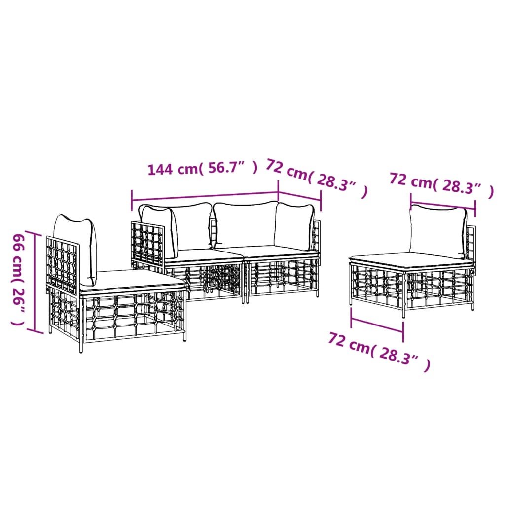 4-Delige Loungeset Met Kussens Poly Rattan Antracietkleurig 1 Donkergrijs 2x hoek + 2x midden