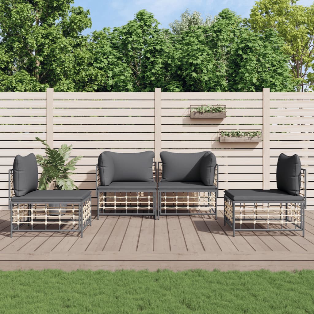 4-Delige Loungeset Met Kussens Poly Rattan Antracietkleurig 1 Donkergrijs 2x hoek + 2x midden