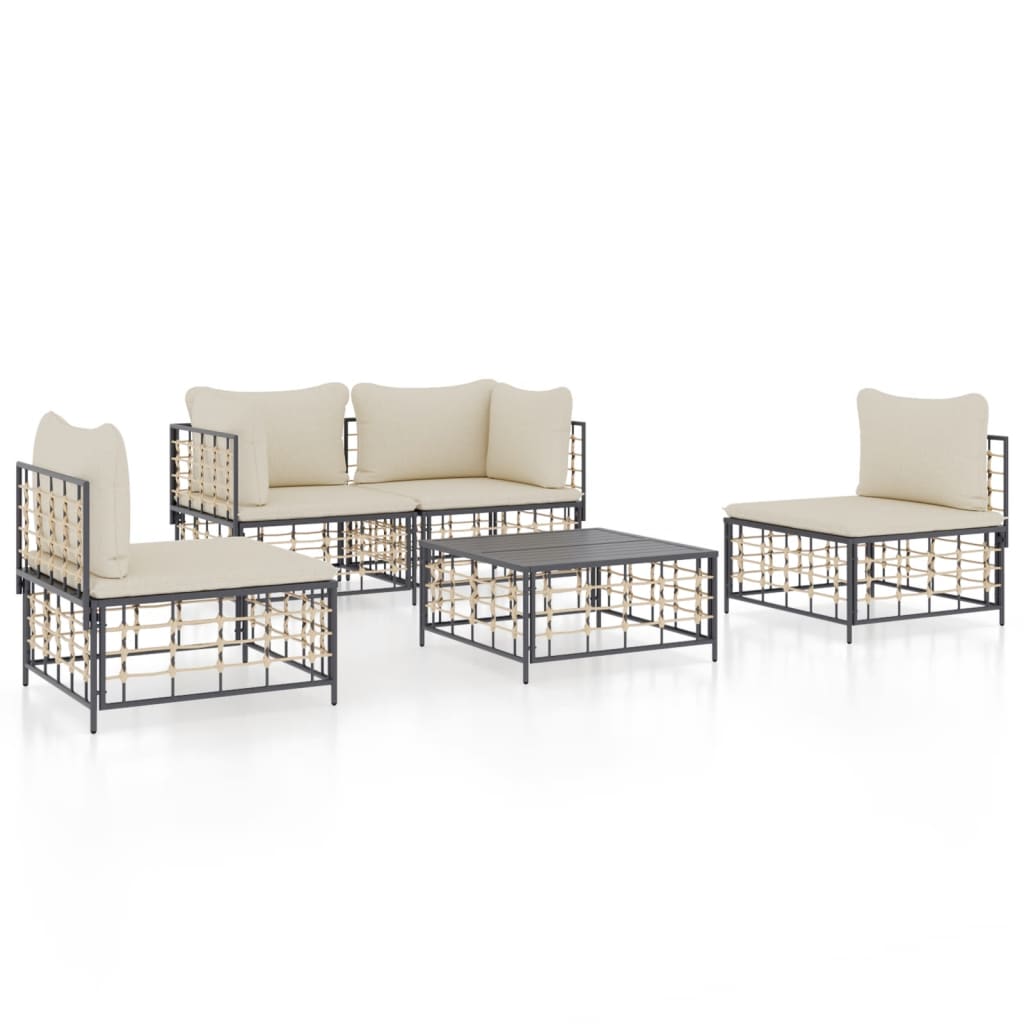 5-Delige Loungeset Met Kussens Poly Rattan Antracietkleurig 1 Beige 2x hoek + 2x midden + Tafel