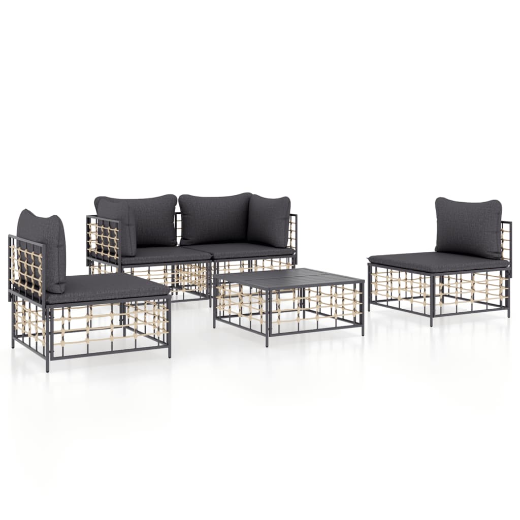 5-Delige Loungeset Met Kussens Poly Rattan Antracietkleurig 1 Donkergrijs 2x hoek + 2x midden + Tafel