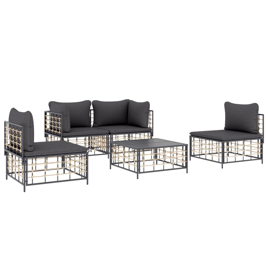 5-Delige Loungeset Met Kussens Poly Rattan Antracietkleurig 1 Donkergrijs 2x hoek + 2x midden + Tafel