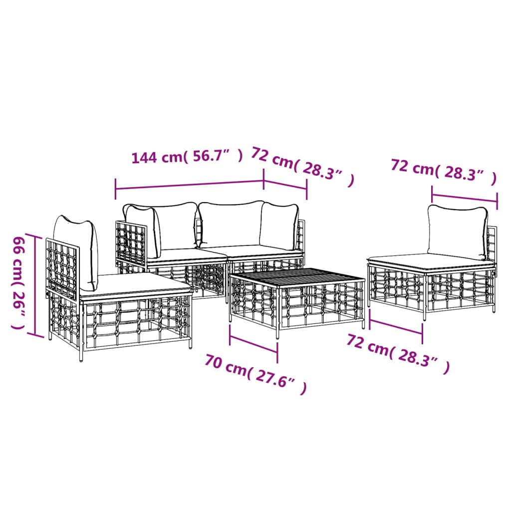 5-Delige Loungeset Met Kussens Poly Rattan Antracietkleurig 1 Donkergrijs 2x hoek + 2x midden + Tafel