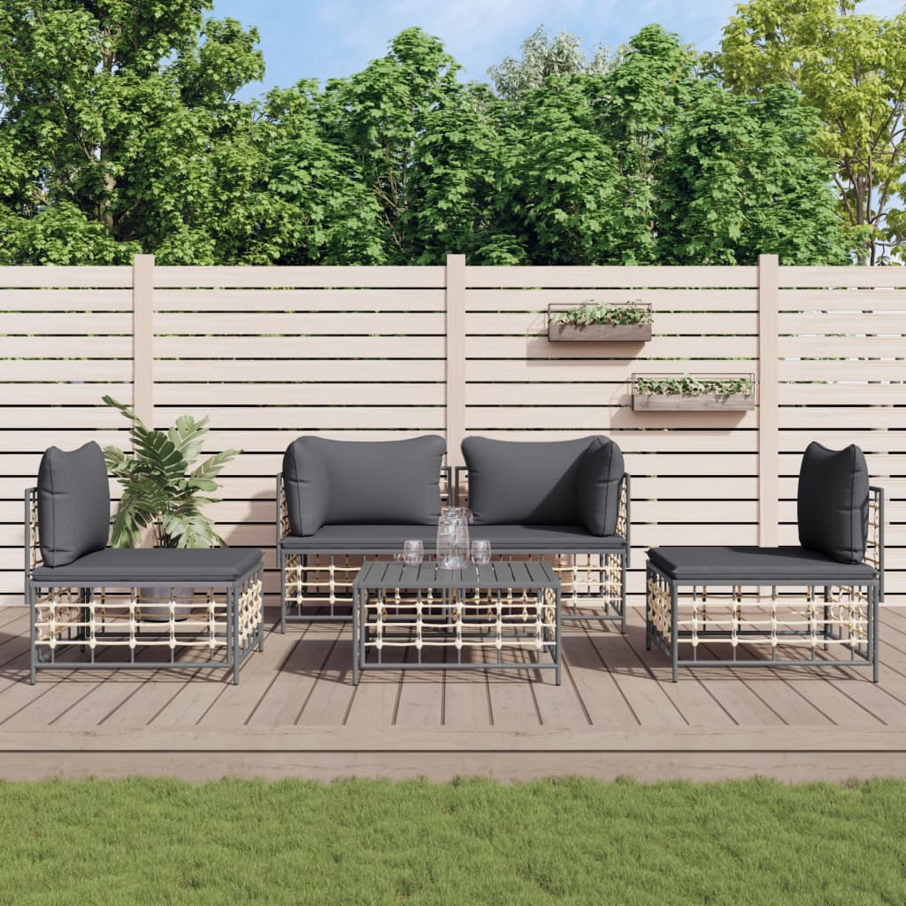 5-Delige Loungeset Met Kussens Poly Rattan Antracietkleurig 1 Donkergrijs 2x hoek + 2x midden + Tafel