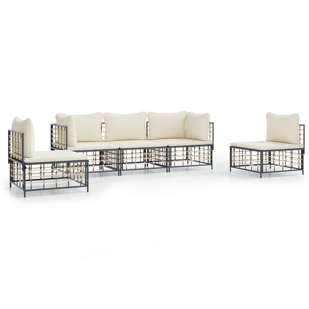 5-Delige Loungeset Met Kussens Poly Rattan Antracietkleurig 1 Beige 2x hoek + 3x midden