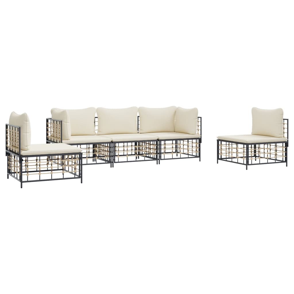 5-Delige Loungeset Met Kussens Poly Rattan Antracietkleurig 1 Beige 2x hoek + 3x midden