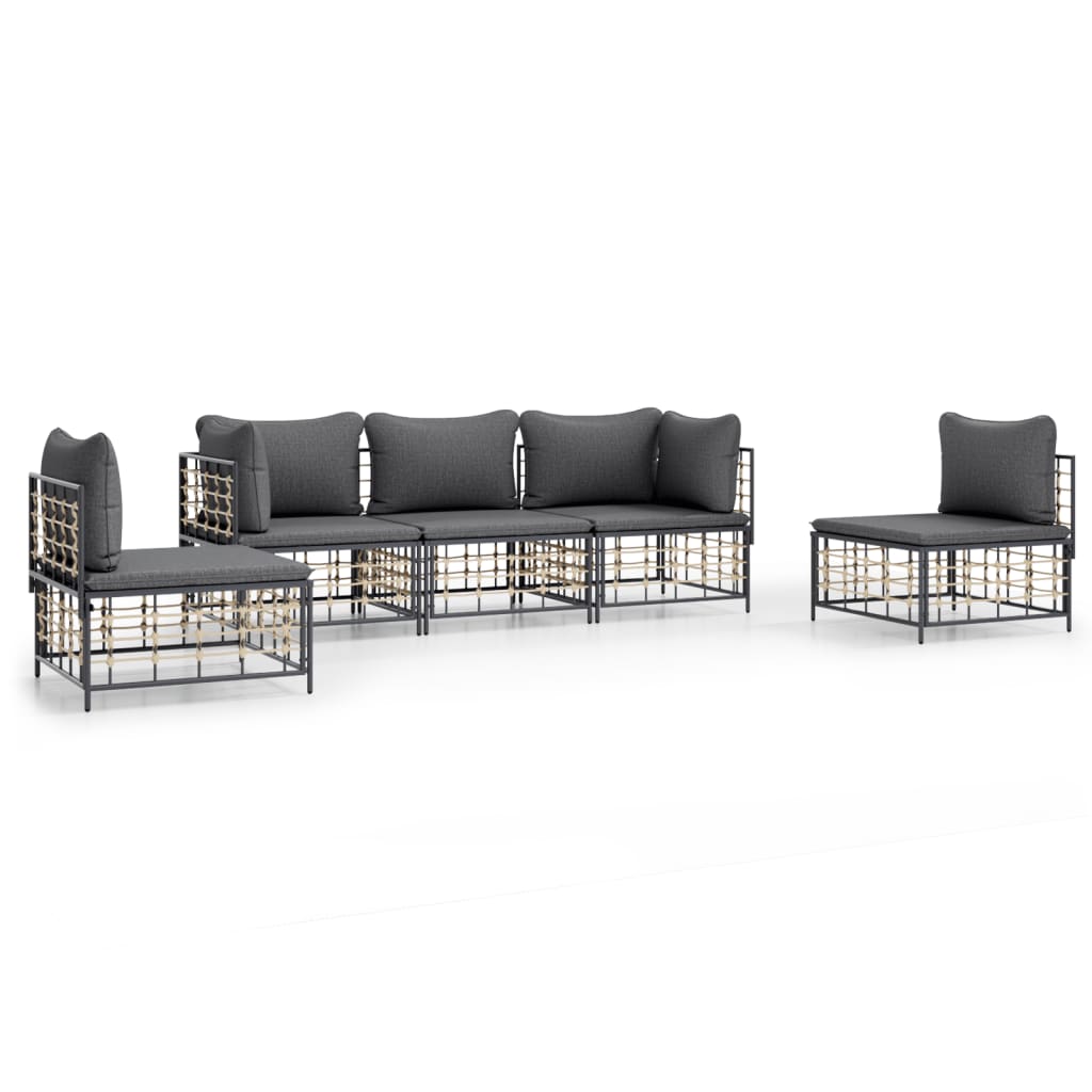 5-Delige Loungeset Met Kussens Poly Rattan Antracietkleurig 1 Donkergrijs 2x hoek + 3x midden