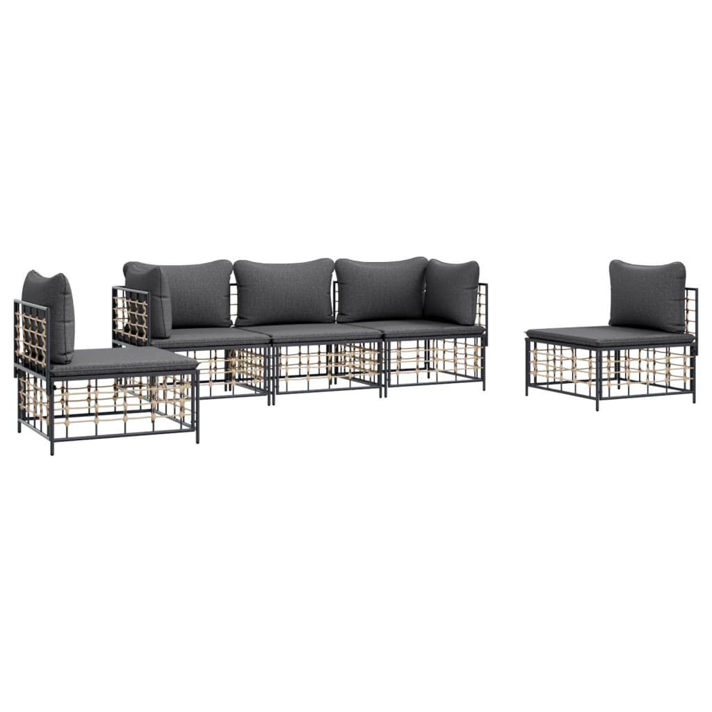 5-Delige Loungeset Met Kussens Poly Rattan Antracietkleurig 1 Donkergrijs 2x hoek + 3x midden