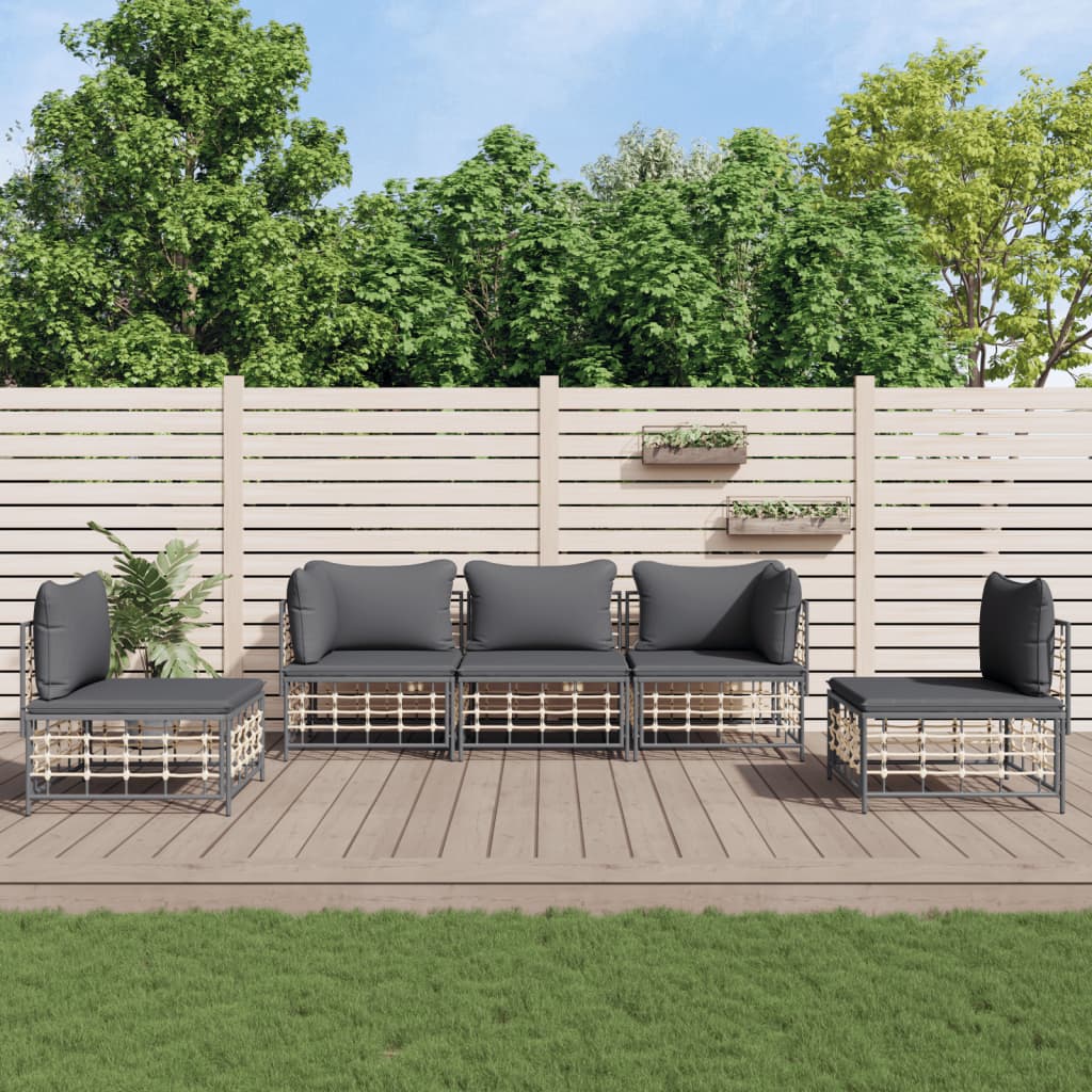 5-Delige Loungeset Met Kussens Poly Rattan Antracietkleurig 1 Donkergrijs 2x hoek + 3x midden