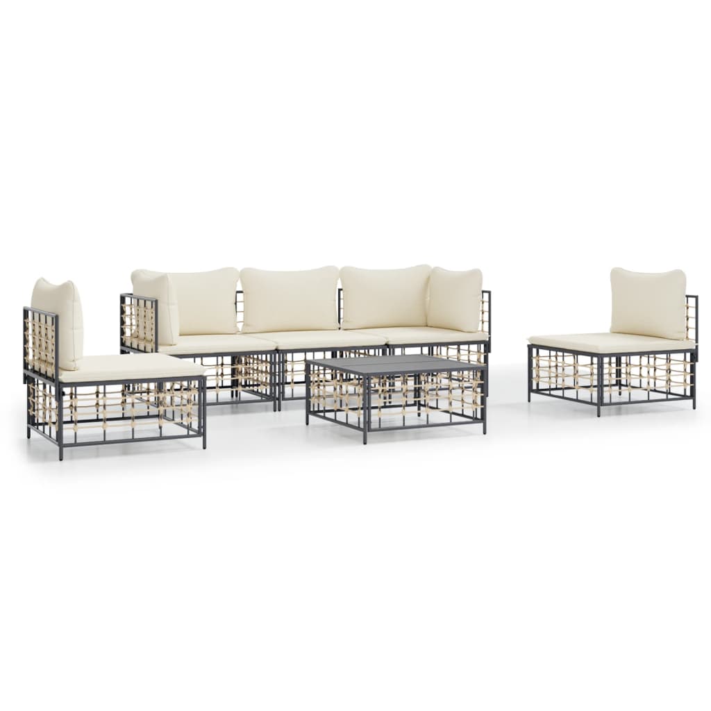 6-Delige Loungeset Met Kussens Poly Rattan Antracietkleurig 1 Beige 2x hoek + 3x midden + Tafel