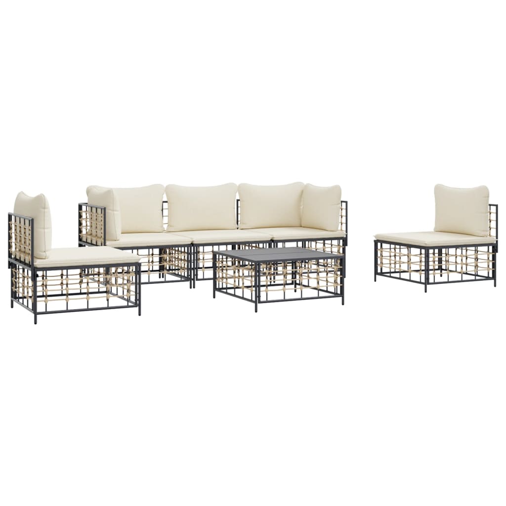 6-Delige Loungeset Met Kussens Poly Rattan Antracietkleurig 1 Beige 2x hoek + 3x midden + Tafel