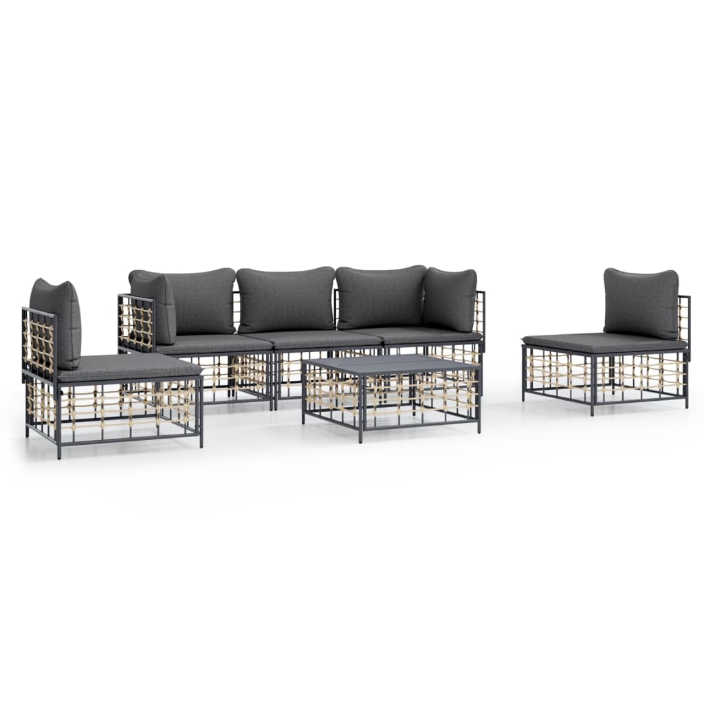 6-Delige Loungeset Met Kussens Poly Rattan Antracietkleurig 1 Donkergrijs 2x hoek + 3x midden + Tafel