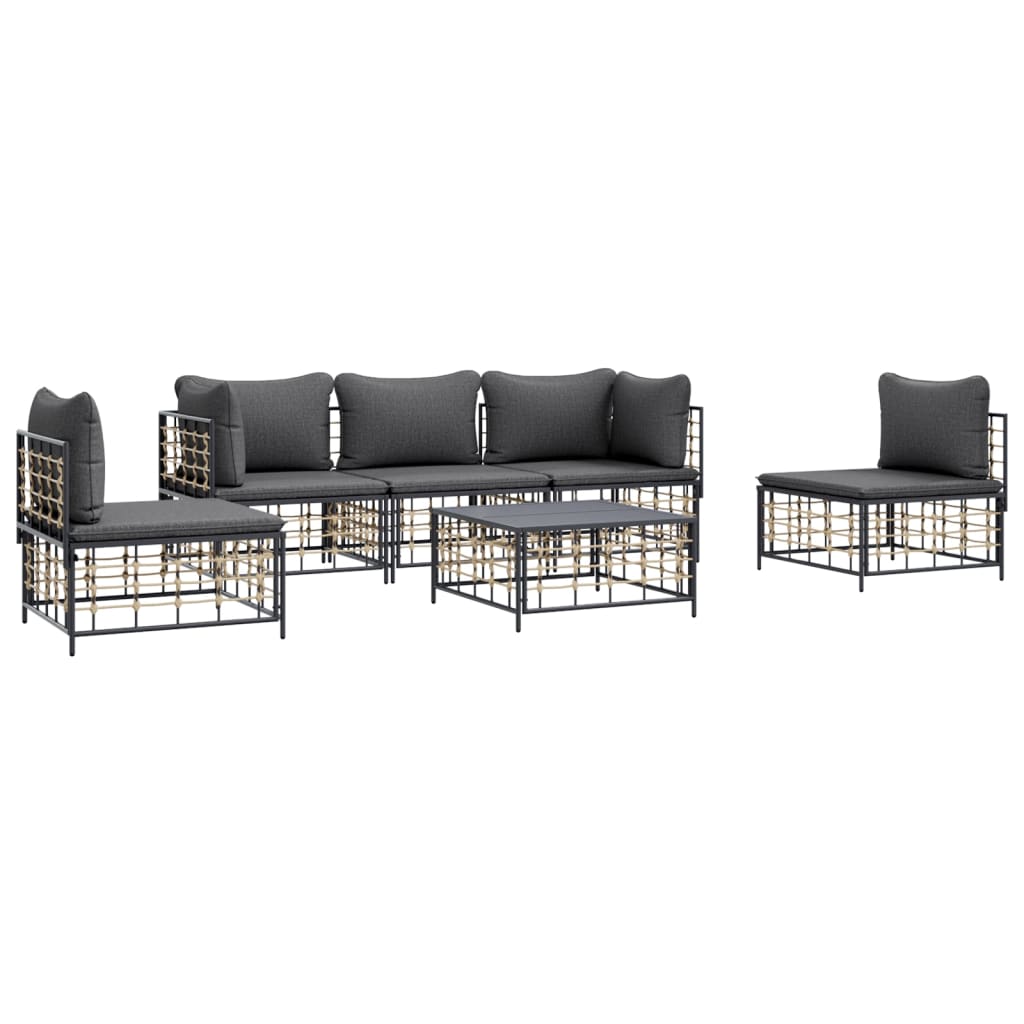 6-Delige Loungeset Met Kussens Poly Rattan Antracietkleurig 1 Donkergrijs 2x hoek + 3x midden + Tafel