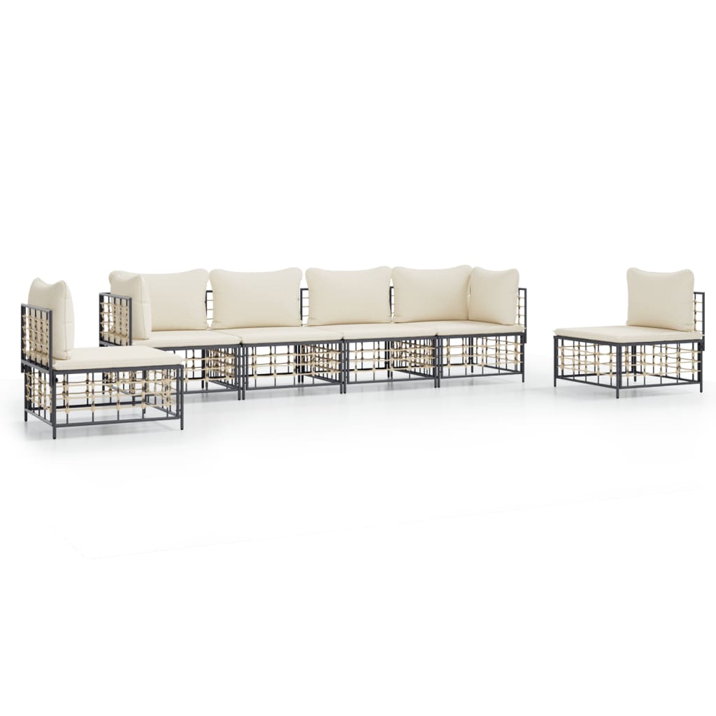 6-Delige Loungeset Met Kussens Poly Rattan Antracietkleurig 1 Beige 2x hoek + 4x midden