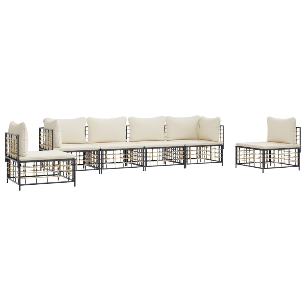 6-Delige Loungeset Met Kussens Poly Rattan Antracietkleurig 1 Beige 2x hoek + 4x midden