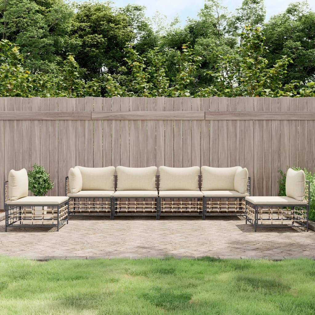 6-Delige Loungeset Met Kussens Poly Rattan Antracietkleurig 1 Beige 2x hoek + 4x midden