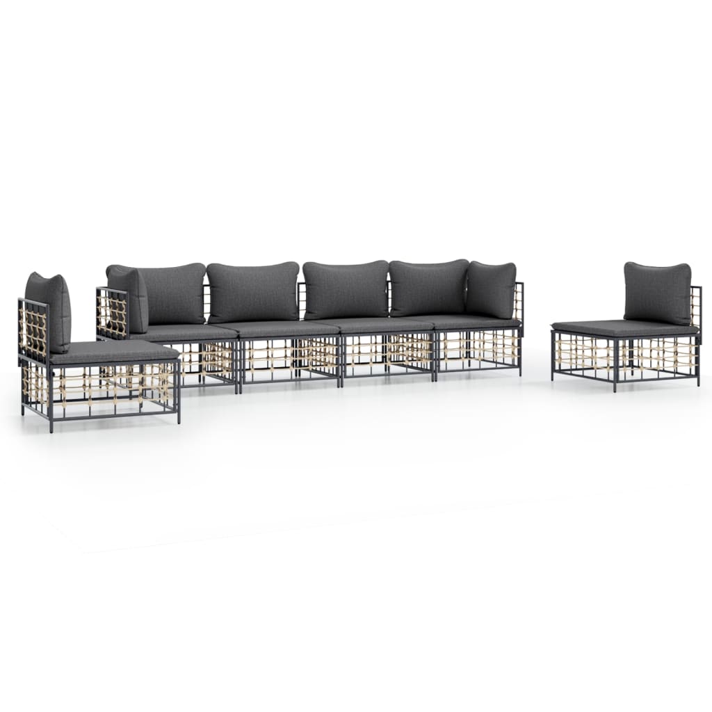 6-Delige Loungeset Met Kussens Poly Rattan Antracietkleurig 1 Donkergrijs 2x hoek + 4x midden