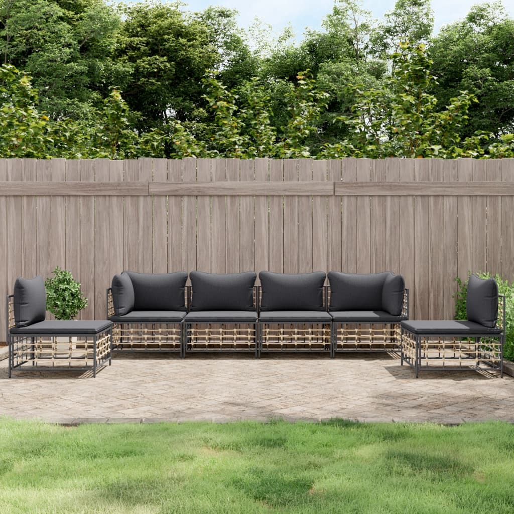 6-Delige Loungeset Met Kussens Poly Rattan Antracietkleurig 1 Donkergrijs 2x hoek + 4x midden