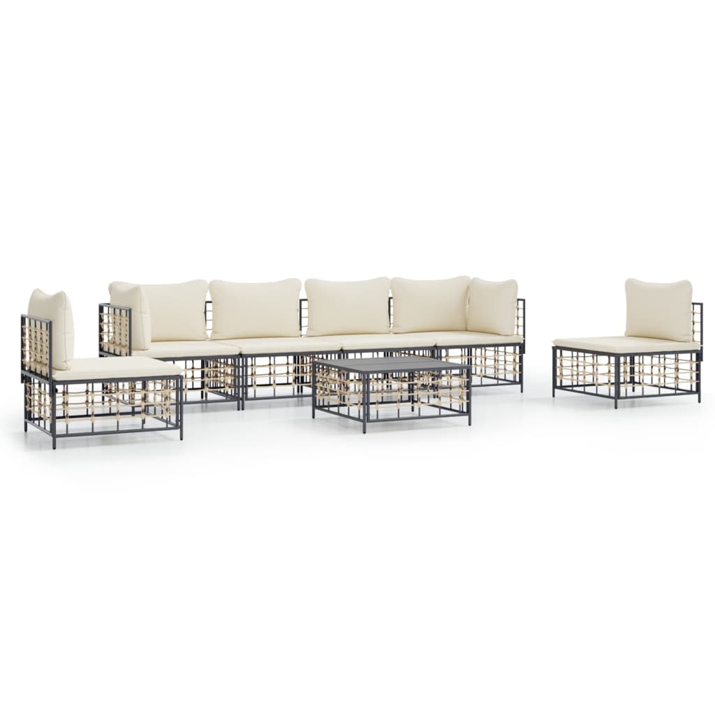 7-Delige Loungeset Met Kussens Poly Rattan Antracietkleurig 1 Beige 2x hoek + 4x midden + Tafel