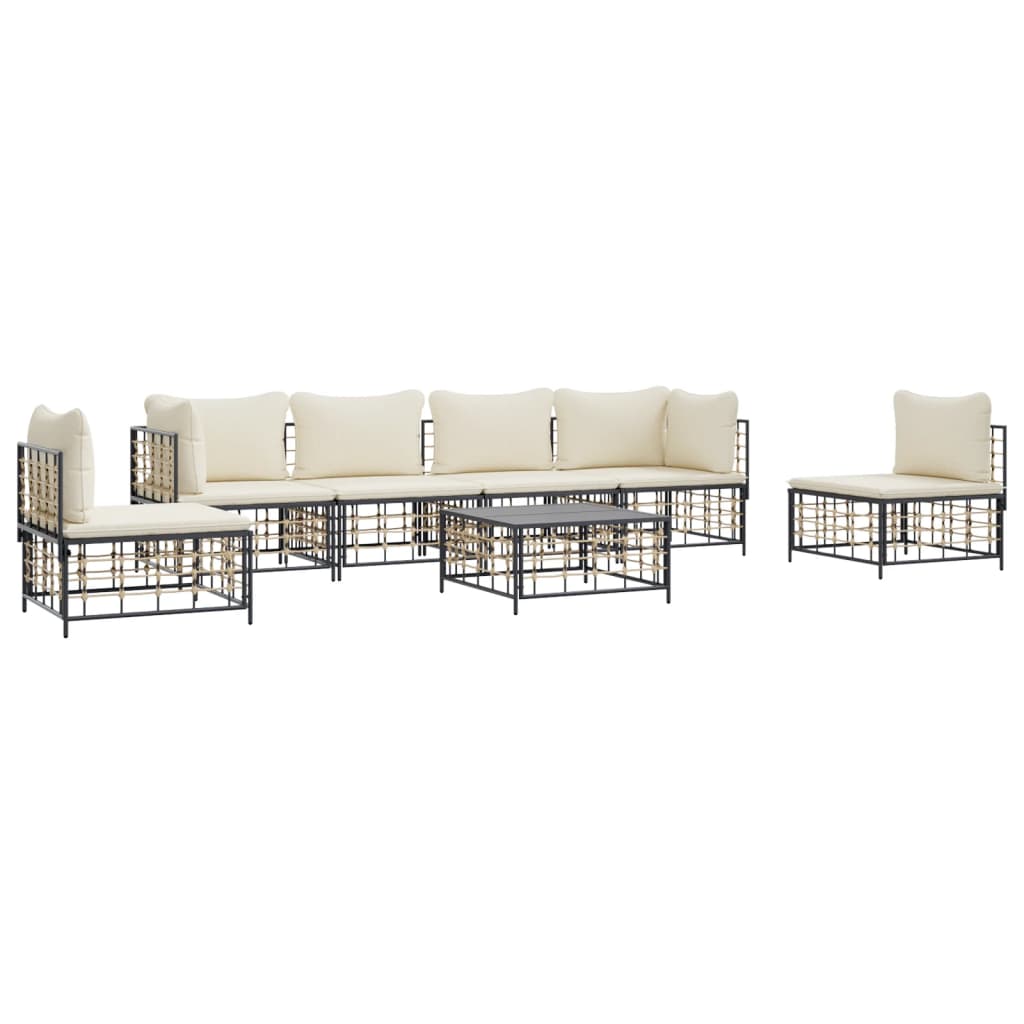 7-Delige Loungeset Met Kussens Poly Rattan Antracietkleurig 1 Beige 2x hoek + 4x midden + Tafel