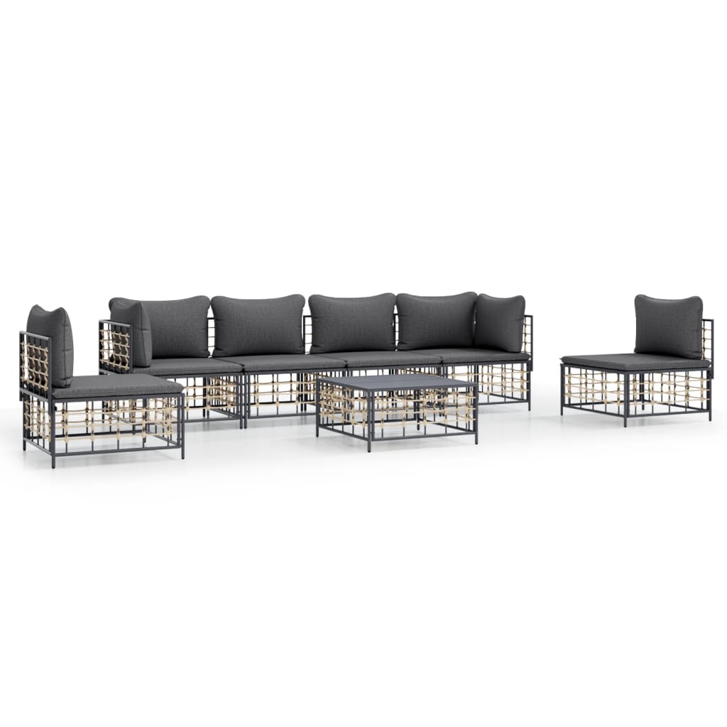 7-Delige Loungeset Met Kussens Poly Rattan Antracietkleurig 1 Donkergrijs 2x hoek + 4x midden + Tafel