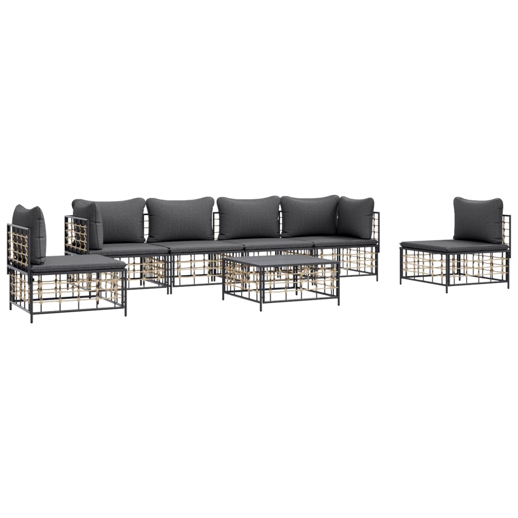 7-Delige Loungeset Met Kussens Poly Rattan Antracietkleurig 1 Donkergrijs 2x hoek + 4x midden + Tafel