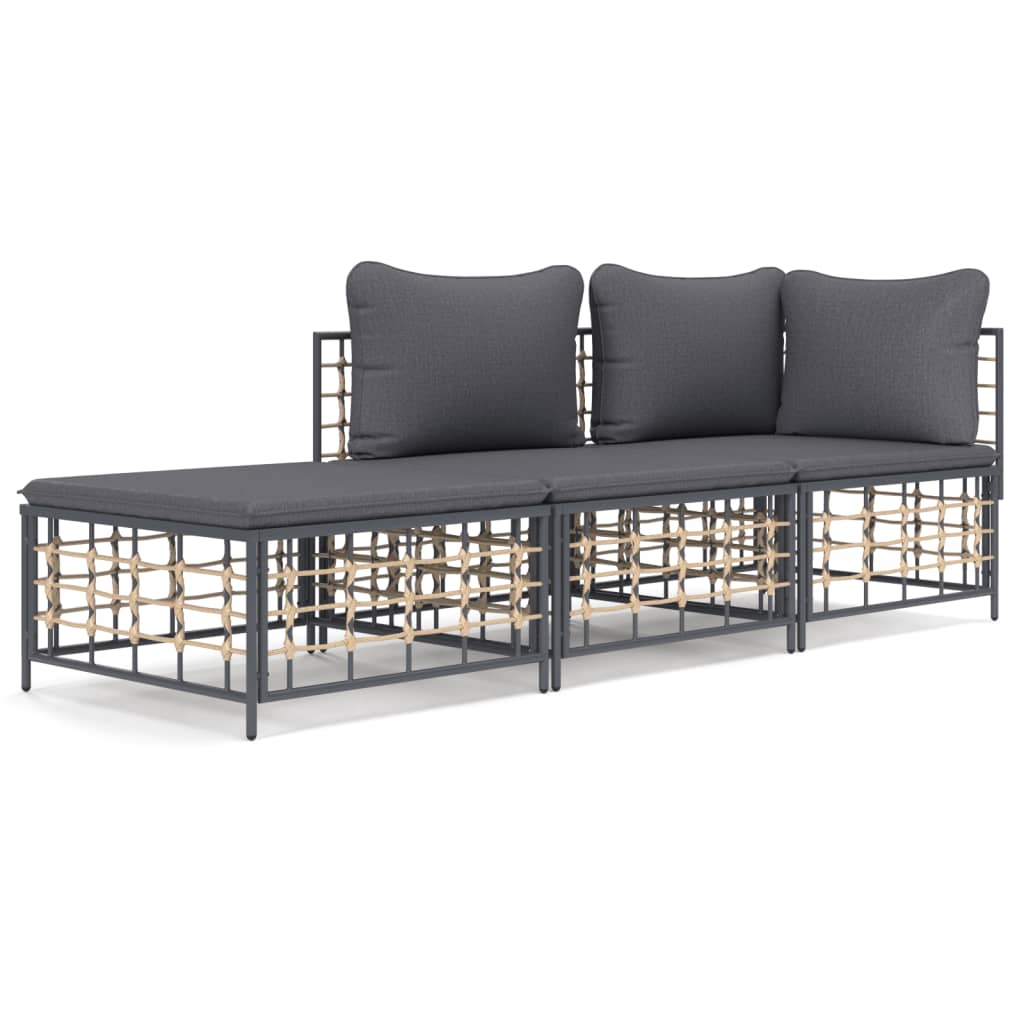 3-Delige Loungeset Met Kussens Poly Rattan Antracietkleurig 1 Donkergrijs hoek + midden + voetensteun