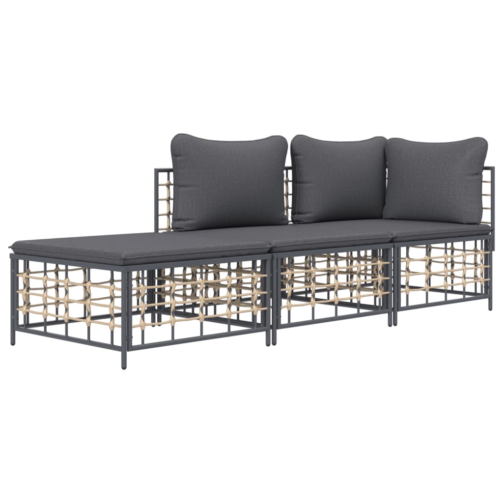 3-Delige Loungeset Met Kussens Poly Rattan Antracietkleurig 1 Donkergrijs hoek + midden + voetensteun