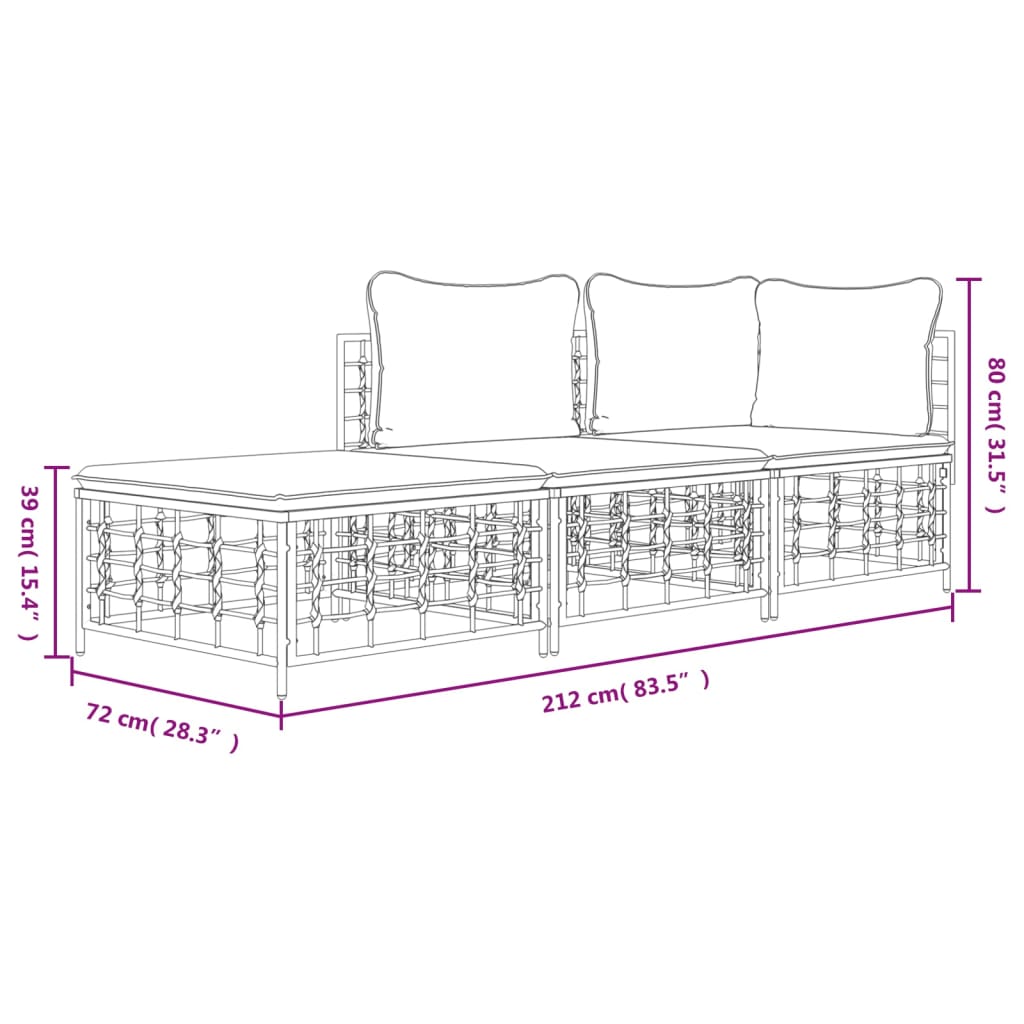 3-Delige Loungeset Met Kussens Poly Rattan Antracietkleurig 1 Donkergrijs hoek + midden + voetensteun