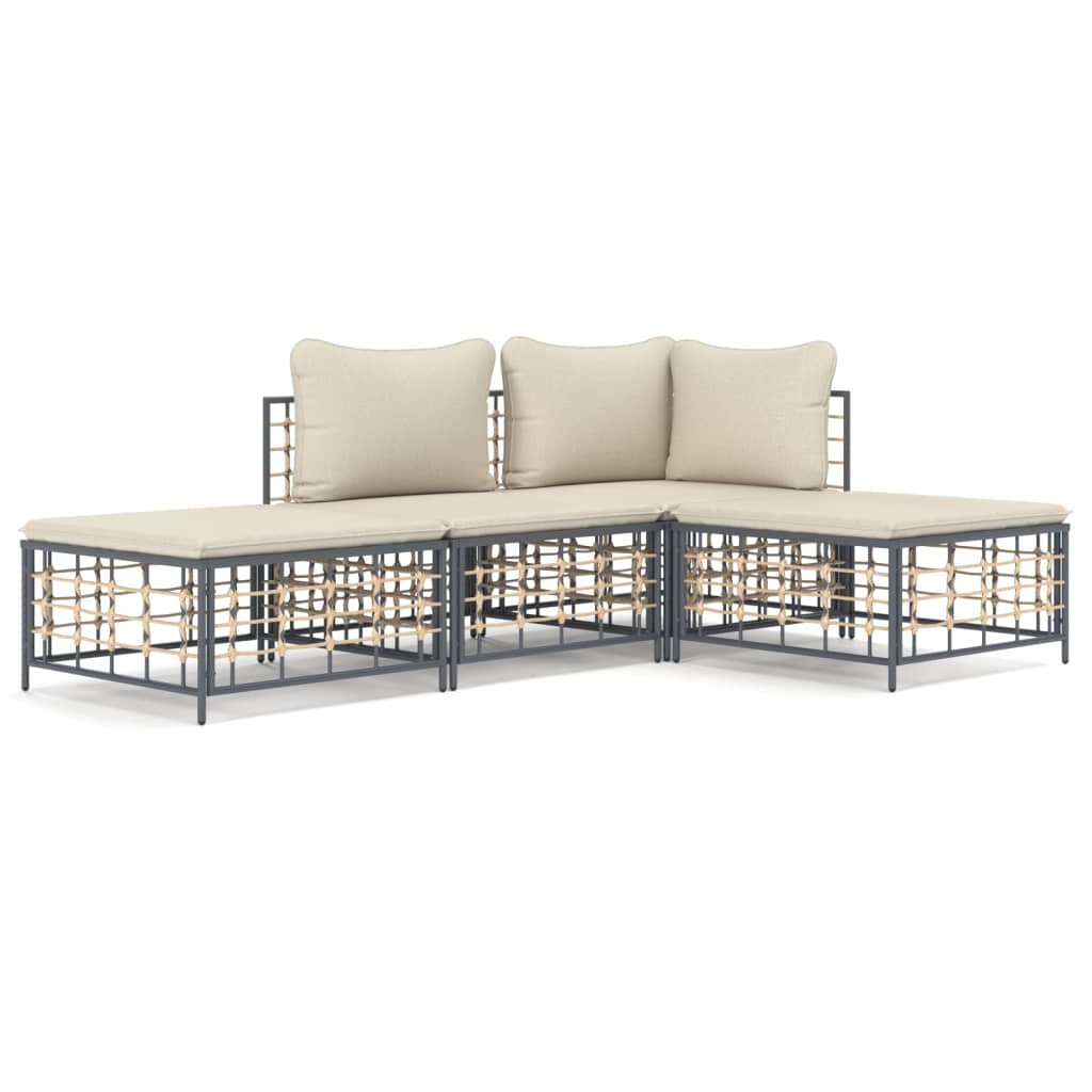 4-Delige Loungeset Met Kussens Poly Rattan Antracietkleurig 1 Beige hoek + midden + 2x voetensteun