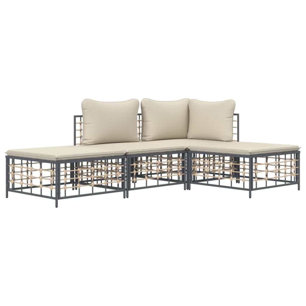 4-Delige Loungeset Met Kussens Poly Rattan Antracietkleurig 1 Beige hoek + midden + 2x voetensteun