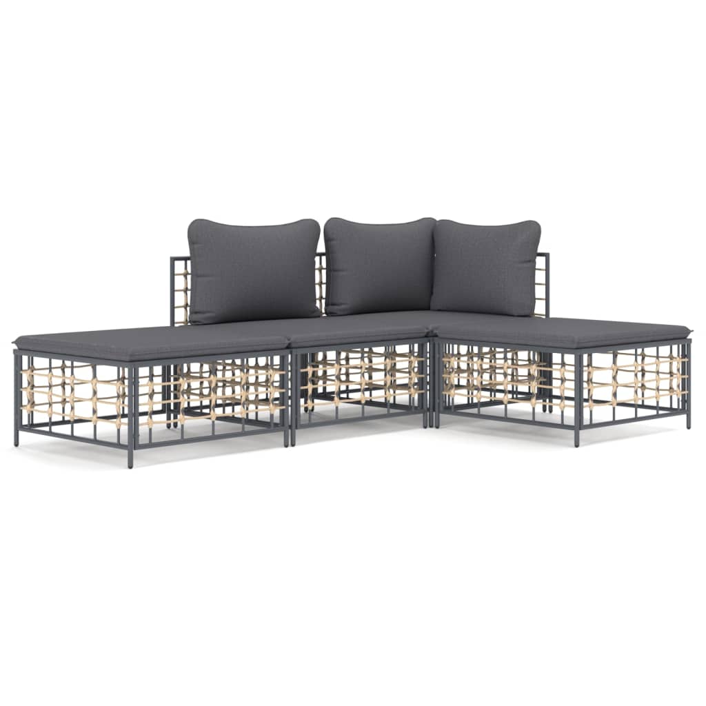 4-Delige Loungeset Met Kussens Poly Rattan Antracietkleurig 1 Donkergrijs hoek + midden + 2x voetensteun