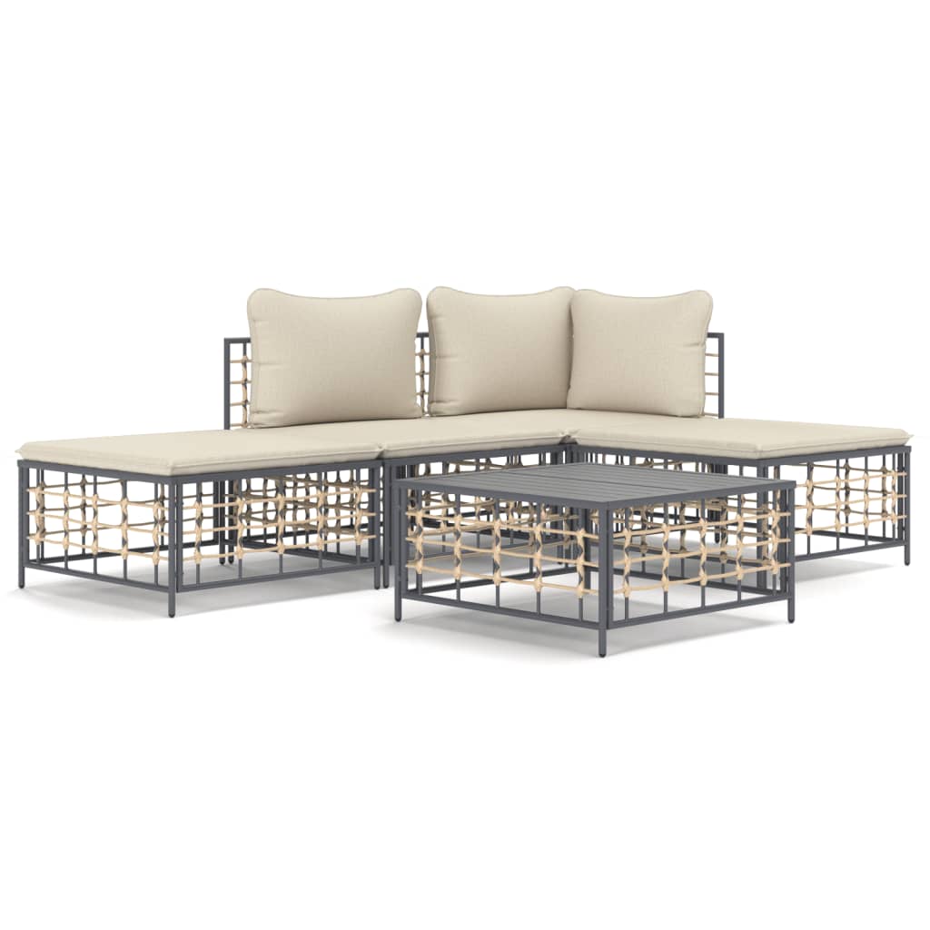 5-Delige Loungeset Met Kussens Poly Rattan Antracietkleurig 1 Beige hoek + midden + 2x voetensteun + Tafel