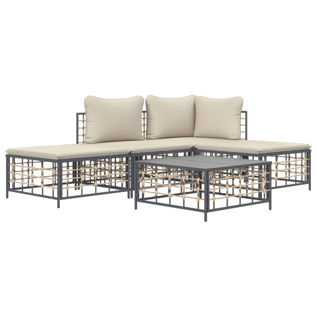 5-Delige Loungeset Met Kussens Poly Rattan Antracietkleurig 1 Beige hoek + midden + 2x voetensteun + Tafel