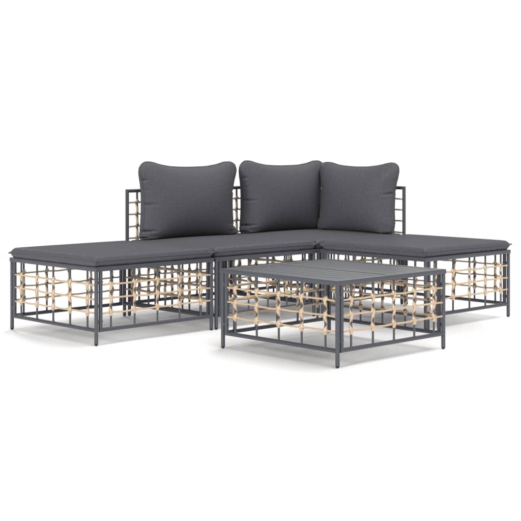 5-Delige Loungeset Met Kussens Poly Rattan Antracietkleurig 1 Donkergrijs hoek + midden + 2x voetensteun + Tafel