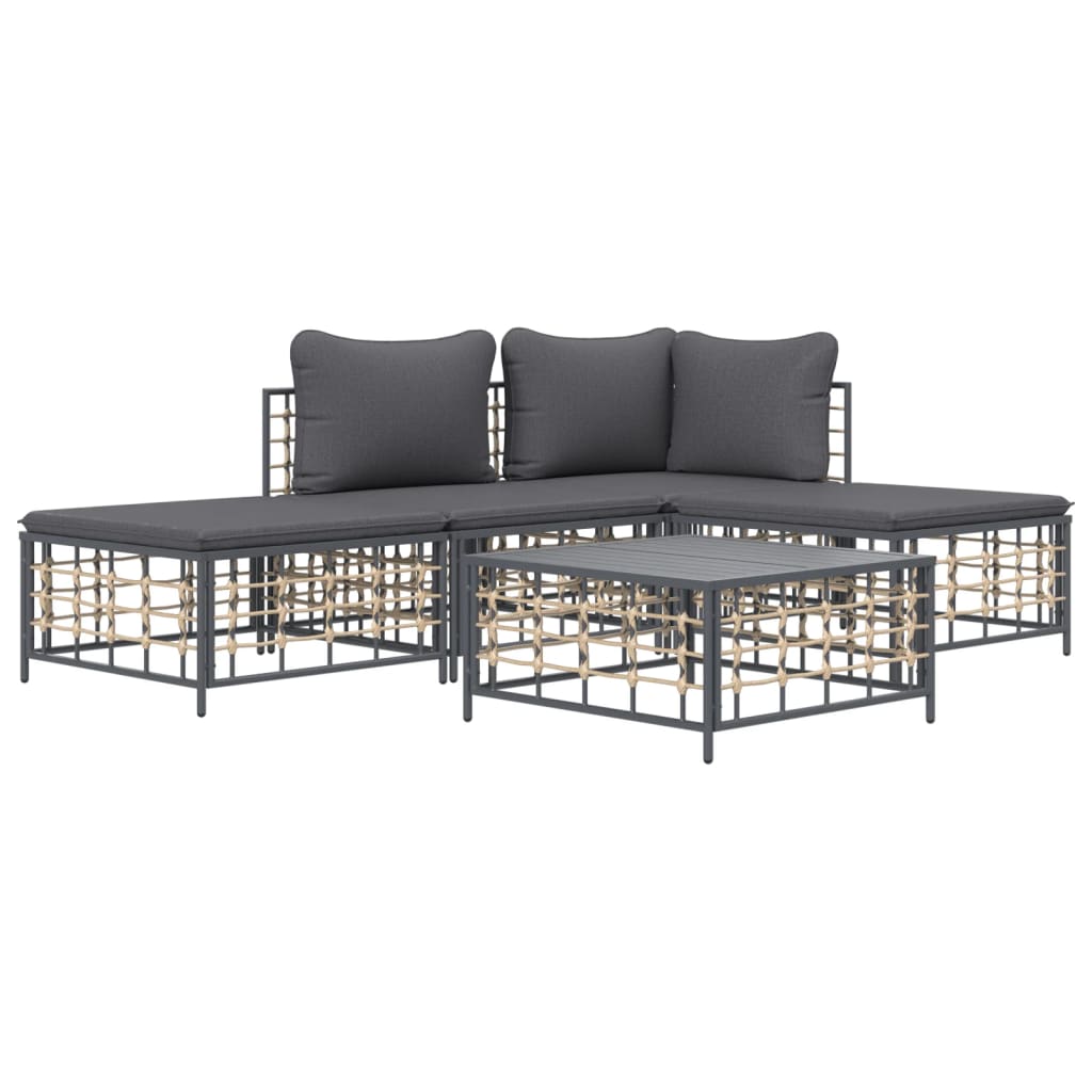 5-Delige Loungeset Met Kussens Poly Rattan Antracietkleurig 1 Donkergrijs hoek + midden + 2x voetensteun + Tafel