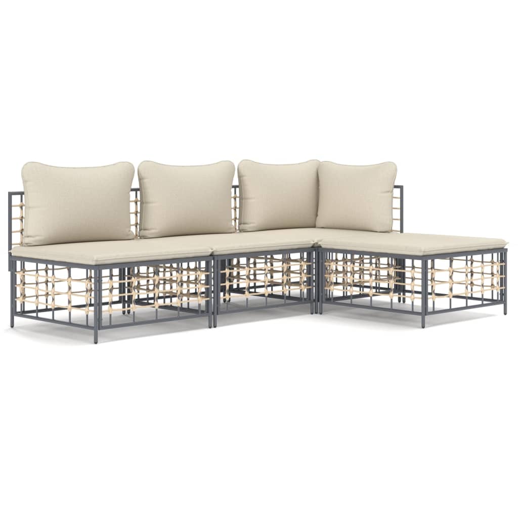 4-Delige Loungeset Met Kussens Poly Rattan Antracietkleurig 1 Beige hoek + 2x midden + voetensteun