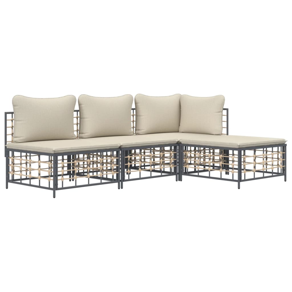 4-Delige Loungeset Met Kussens Poly Rattan Antracietkleurig 1 Beige hoek + 2x midden + voetensteun