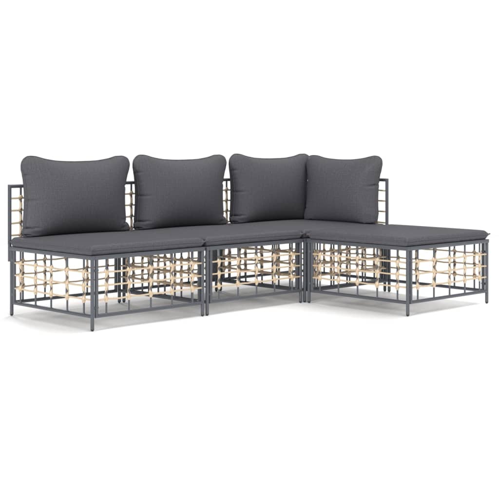 4-Delige Loungeset Met Kussens Poly Rattan Antracietkleurig 1 Donkergrijs hoek + 2x midden + voetensteun