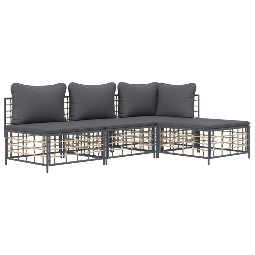 4-Delige Loungeset Met Kussens Poly Rattan Antracietkleurig 1 Donkergrijs hoek + 2x midden + voetensteun