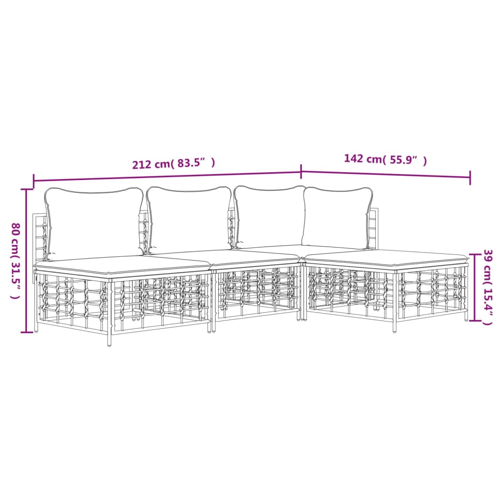 4-Delige Loungeset Met Kussens Poly Rattan Antracietkleurig 1 Donkergrijs hoek + 2x midden + voetensteun