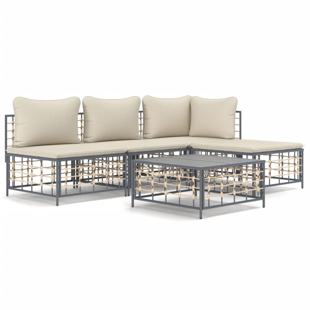 5-Delige Loungeset Met Kussens Poly Rattan Antracietkleurig 1 Beige hoek + 2x midden + voetensteun + Tafel