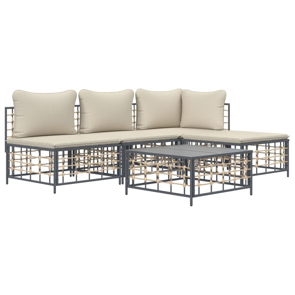 5-Delige Loungeset Met Kussens Poly Rattan Antracietkleurig 1 Beige hoek + 2x midden + voetensteun + Tafel