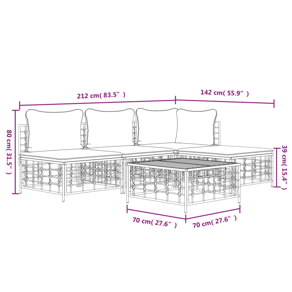 5-Delige Loungeset Met Kussens Poly Rattan Antracietkleurig 1 Beige hoek + 2x midden + voetensteun + Tafel