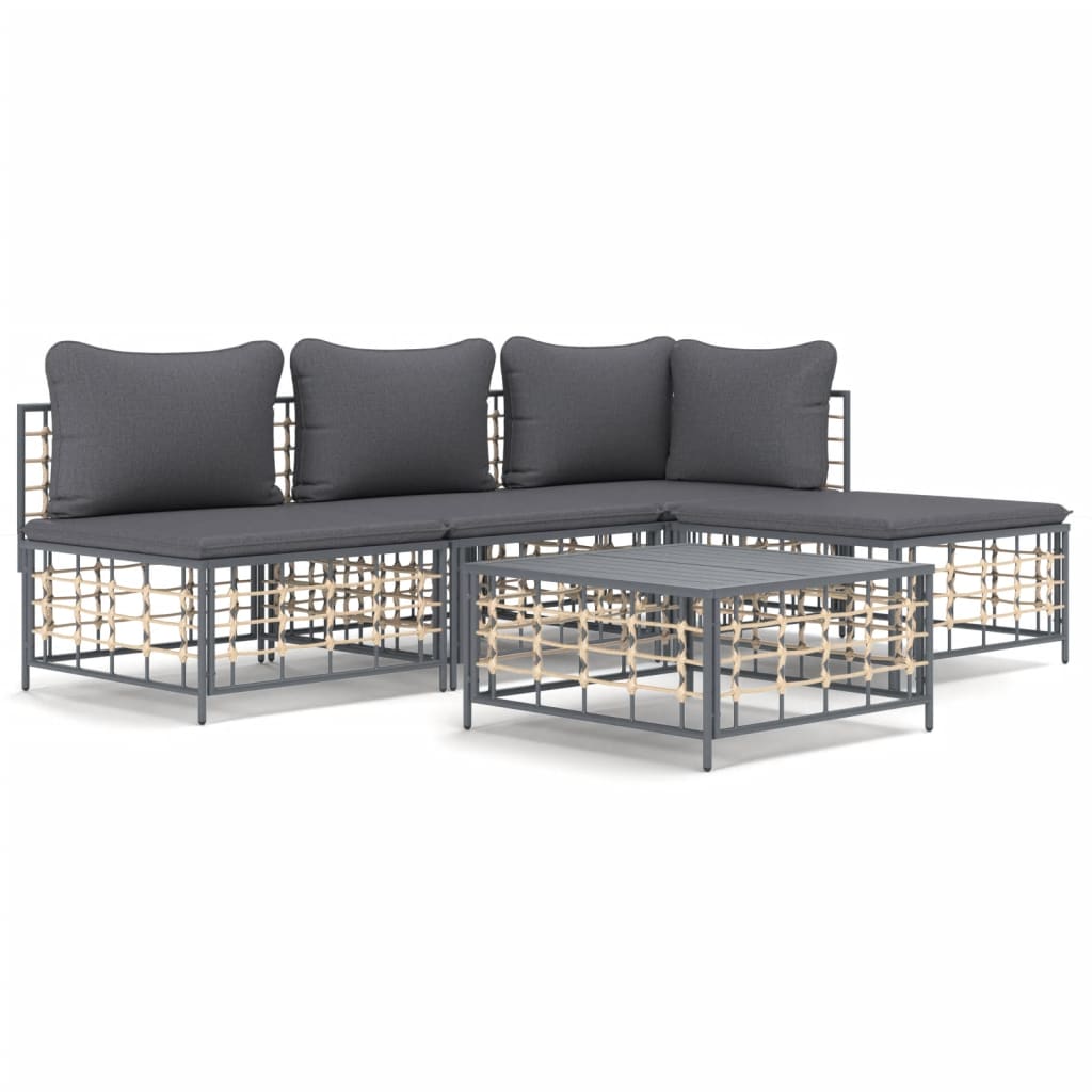 5-Delige Loungeset Met Kussens Poly Rattan Antracietkleurig 1 Donkergrijs hoek + 2x midden + voetensteun + Tafel