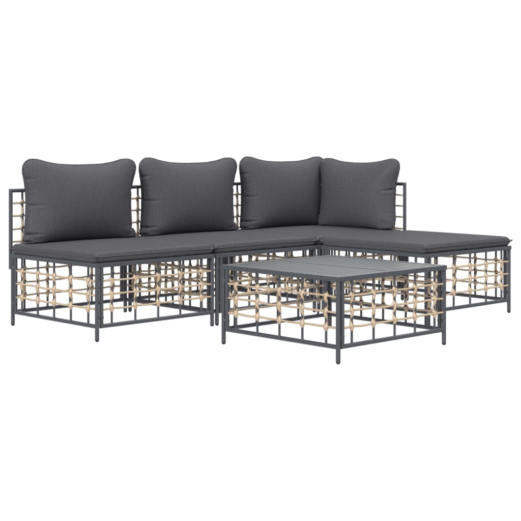 5-Delige Loungeset Met Kussens Poly Rattan Antracietkleurig 1 Donkergrijs hoek + 2x midden + voetensteun + Tafel