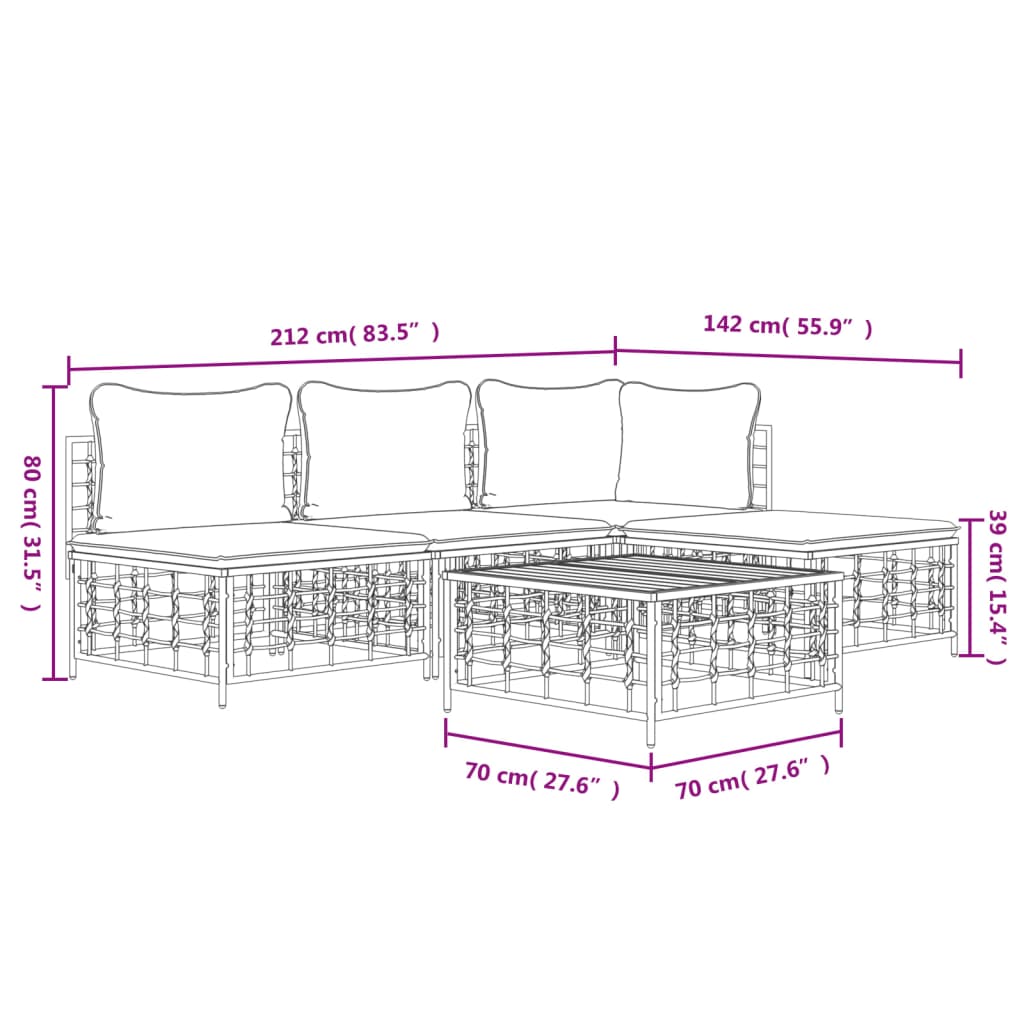 5-Delige Loungeset Met Kussens Poly Rattan Antracietkleurig 1 Donkergrijs hoek + 2x midden + voetensteun + Tafel